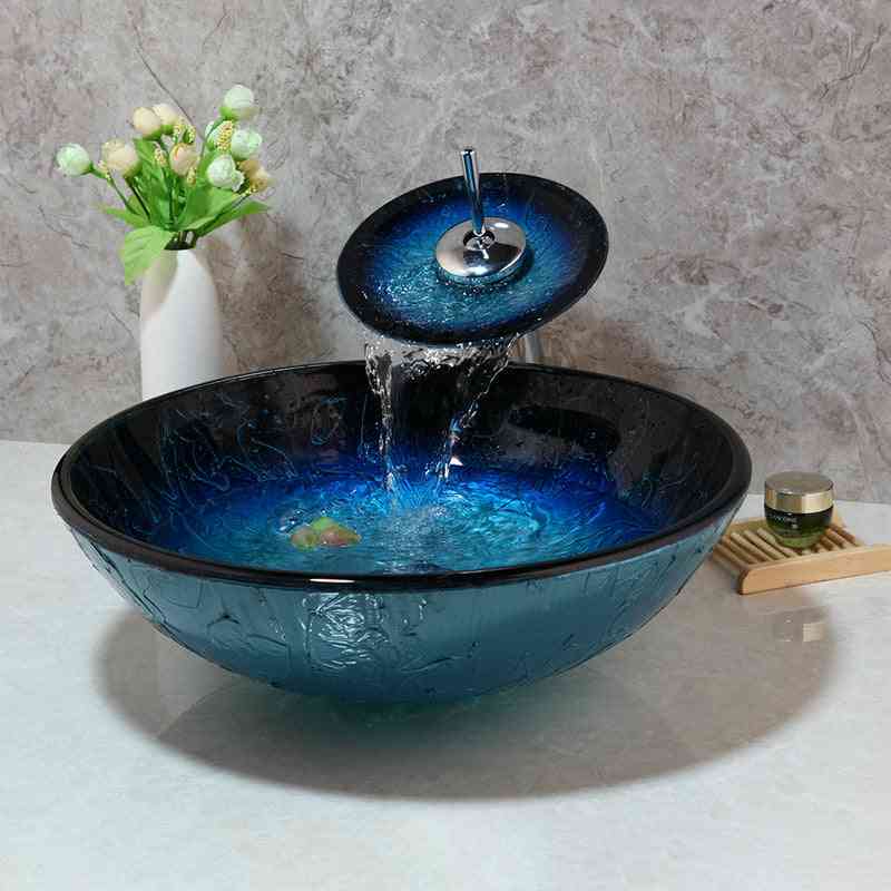 Hand-painted Blue Tempered Glass Basin Sink Faucet Set - Bathroom Countertop Washroom Vessel Vanity Sink Mixer