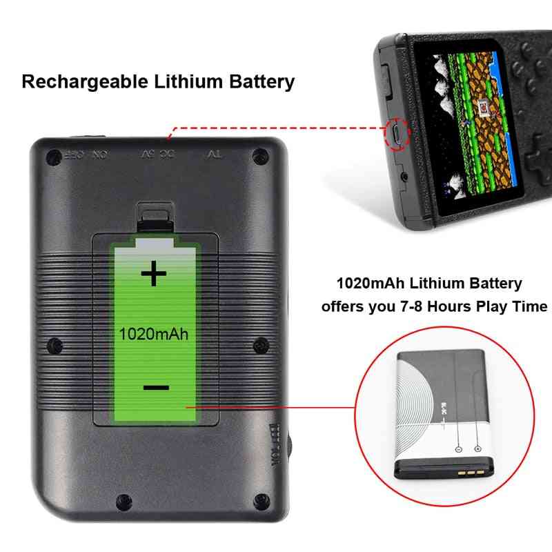 Retro bærbar mini håndholdt spilkonsol, 1020 mah batteri 3,0 tommer LCD-farvespil til børn - sort med gamepad