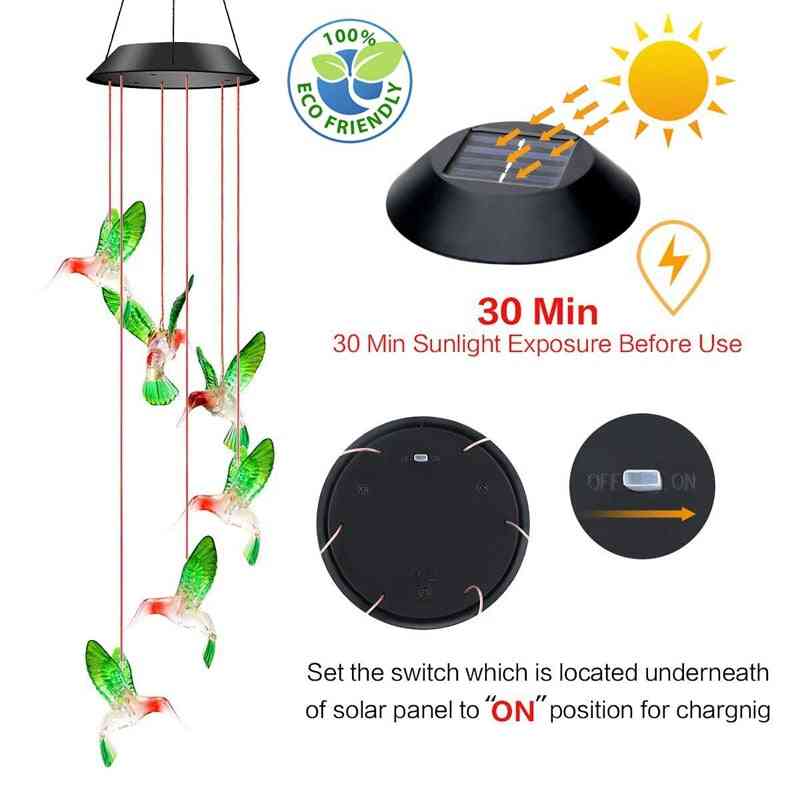 Colibri de boule de cristal de carillon de vent solaire de LED, lumière de carillon de vent lumière solaire suspendue imperméable changeante de couleur pour le jardin à la maison