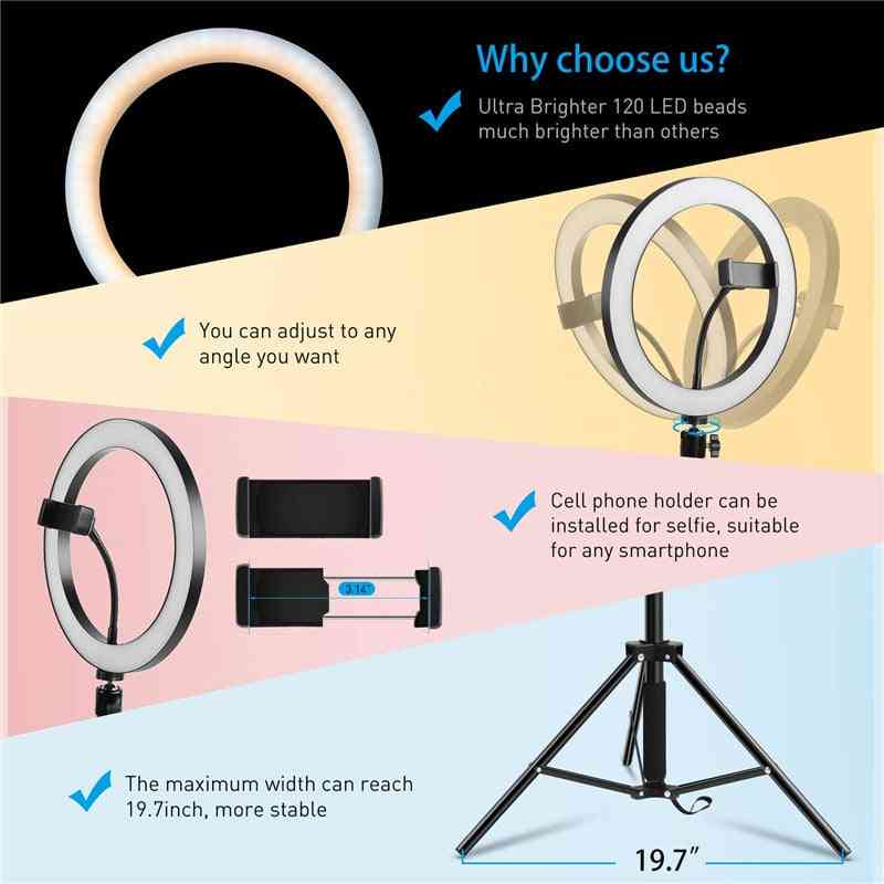 Selfie Ring Light Dimmable Tripod Stand - Cell Phone Holder For Video Photography