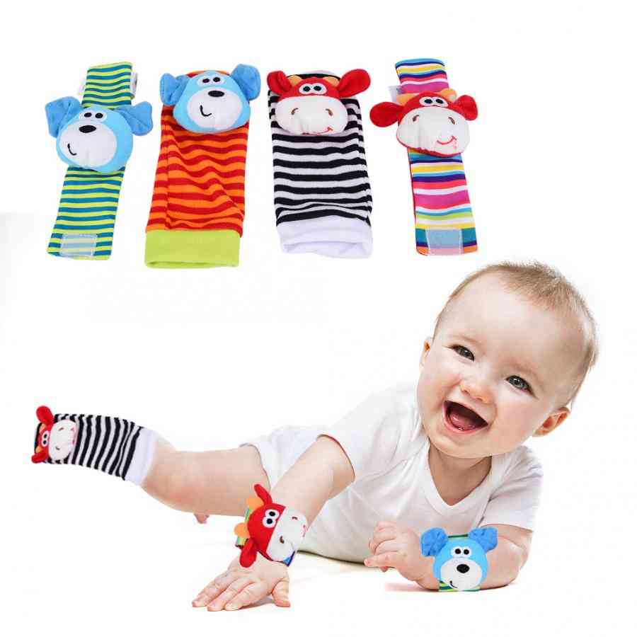 бебешка дрънкалка играчка, 0-12 месеца каишка за китка дрънка животински чорапи играчка, нови гривни бебешки меки звънци ръчни чорапи