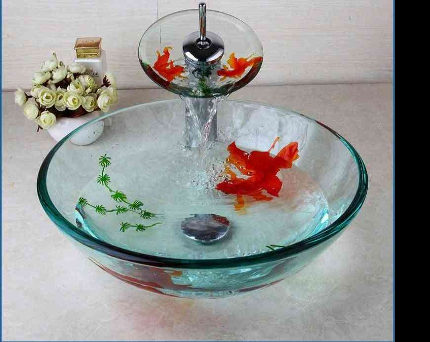 Modern Glass Golden-fish Painted Vessel Sink