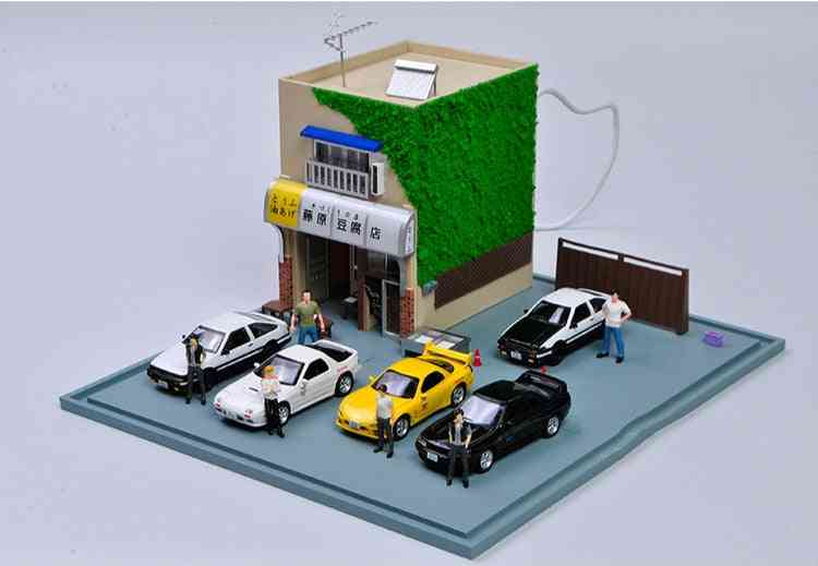 1:64 scale initial d fujiwara tofu shop, ae86 versión de la película modelo de escena de resina-diseño de escena en miniatura juguetes para niños - juego de 4 coches