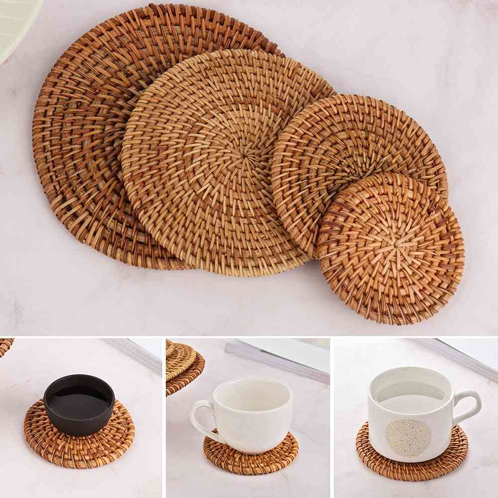 Round Natural Rattan Coasters Bowl Pad - Handmade Insulation Placemats Table Mats