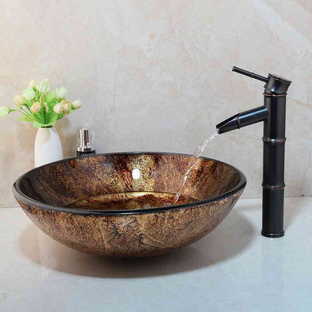 Contemporary Design, Round Shaped, Deck Mounted Glass Sink With Faucet