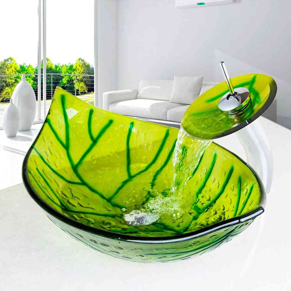 European Inspired Modern-hand Painted, Green Leaf Shape Wash Basin Sink With Faucet