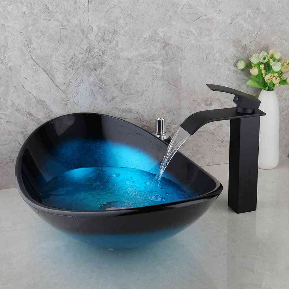 Hand-painted, Tempered Glass, Waterfall Spout Basin And Faucet Set