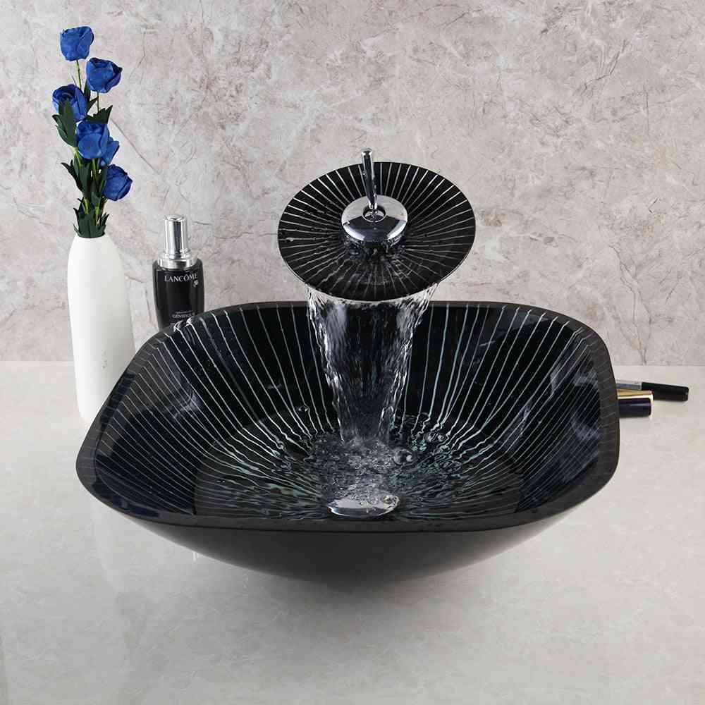 Tempered Glass Basin Sink With Waterfall Faucet Taps