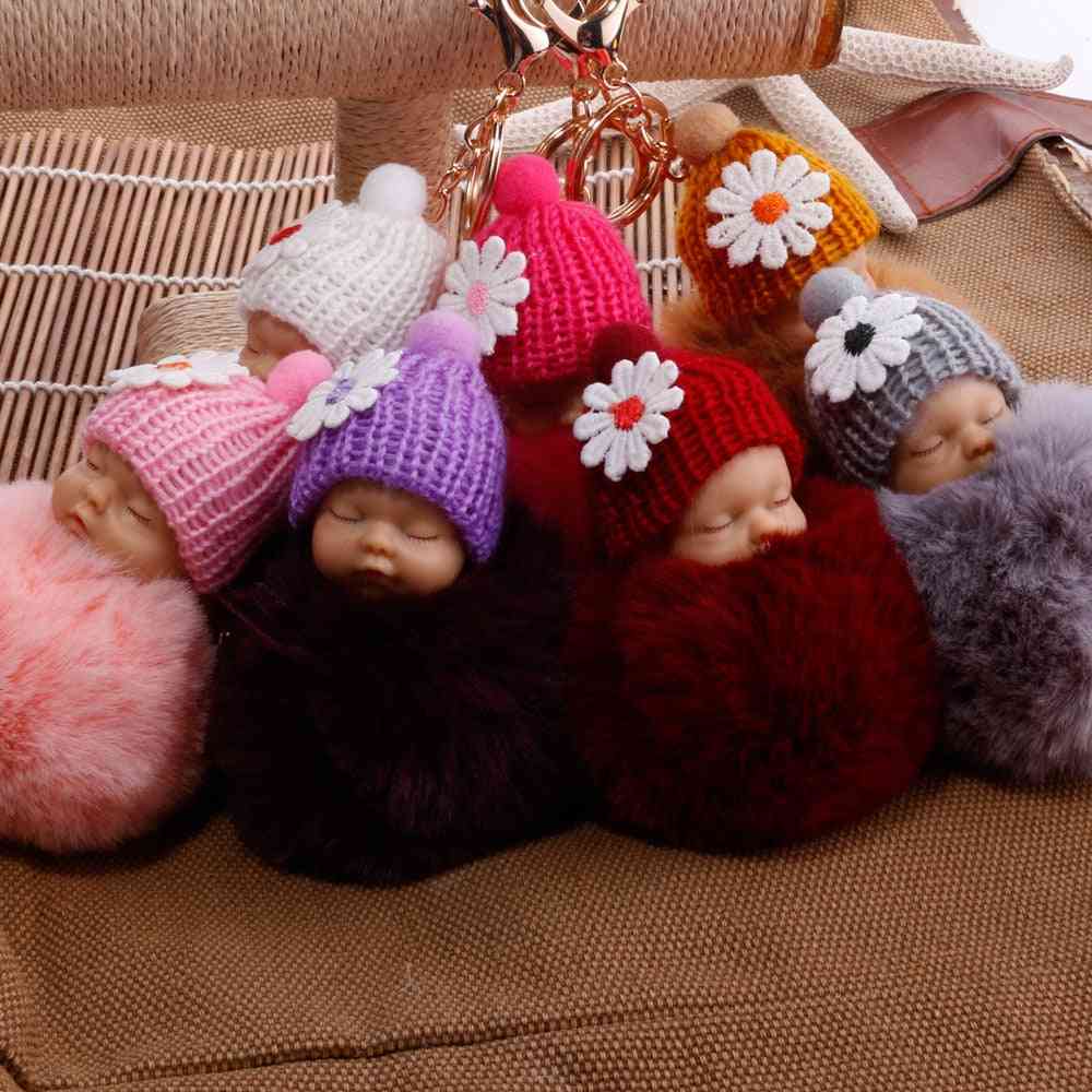 Cute Sleeping Baby Doll Breloczki dla kobiet Torba Zabawka-Breloczek Puszysty Pom Pom Faux Futro Pluszowe - Black1