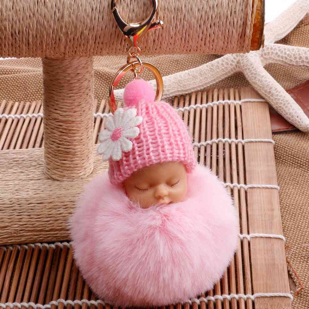 Cute Sleeping Baby Doll Breloczki dla kobiet Torba Zabawka-Breloczek Puszysty Pom Pom Faux Futro Pluszowe - Black1