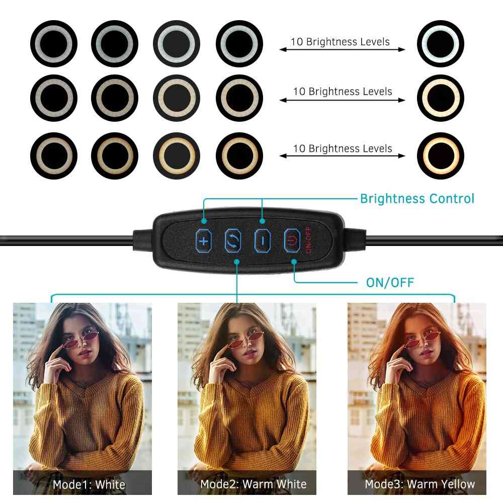 Lampe à anneau selfie LED pour photographie de maquillage vidéo et studio en direct 3200-5500k dimmable (modifiable) -