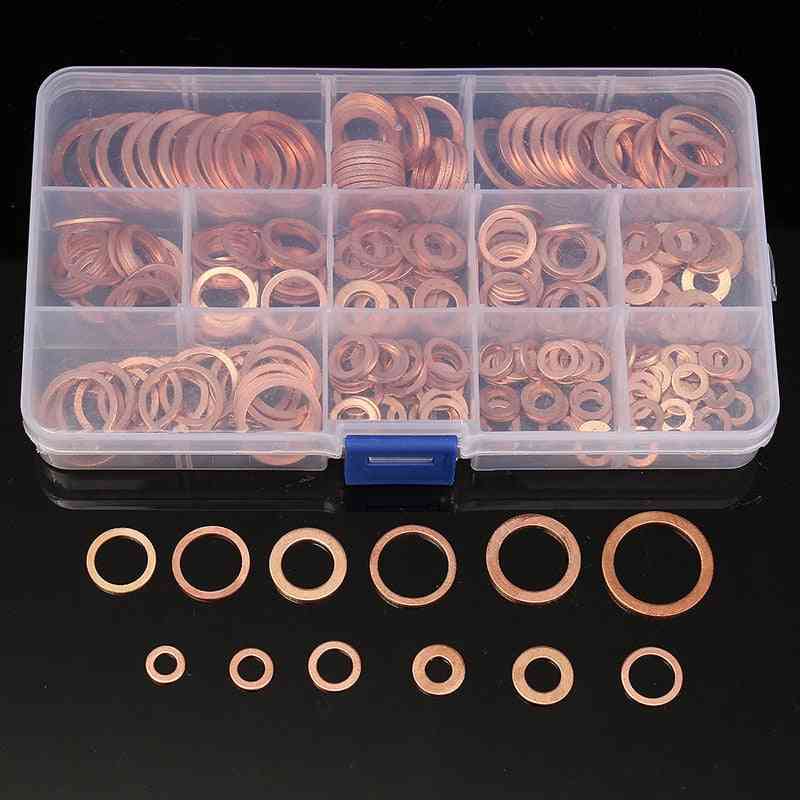 Solid Copper Crush Washers - Assorted Seal Flat Ring Set With Box