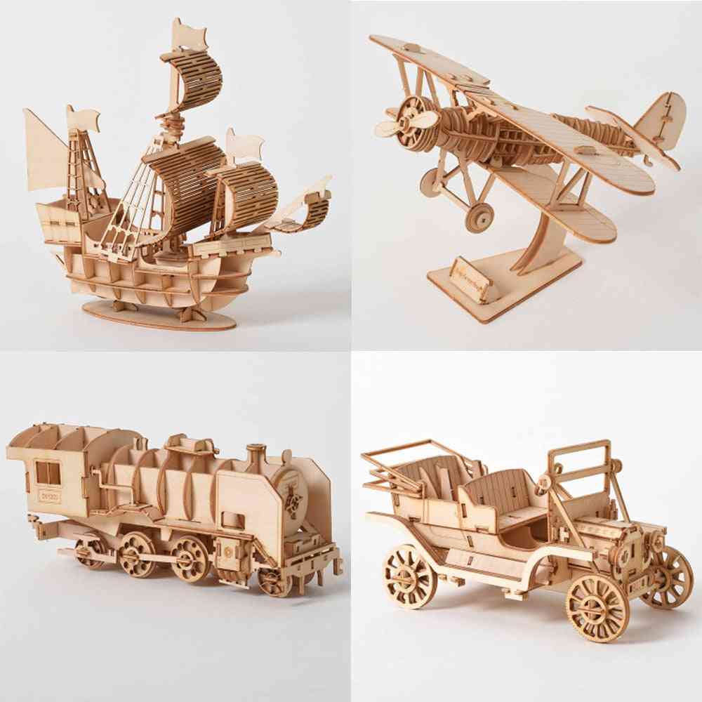 3D dřevěná skládačka, laserem řezaná plachetnice - dvojplošník, parní lokomotiva pro děti