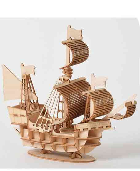 3D дървен монтаж на пъзел, ветроходен кораб с лазерно рязане - биплан, детски играчки с парен локомотив
