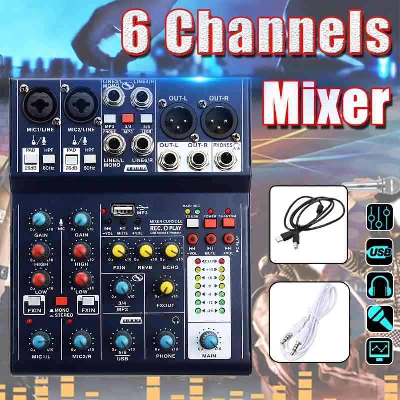 Mini 6 Channel Sound Dj Mixer, Reverberation Console Usb Record