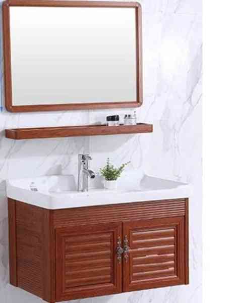 Mini väggmonterad handfat, skåp keramiskt tvättbord, badrumsskåp litet utrymme aluminiumskåp med spegel
