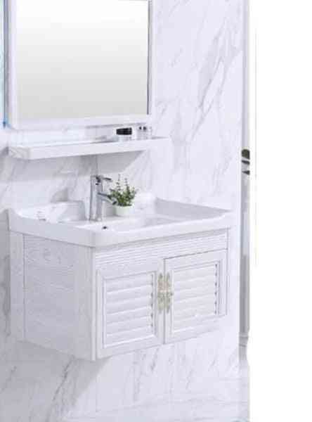 Mini väggmonterad handfat, skåp keramiskt tvättbord, badrumsskåp litet utrymme aluminiumskåp med spegel