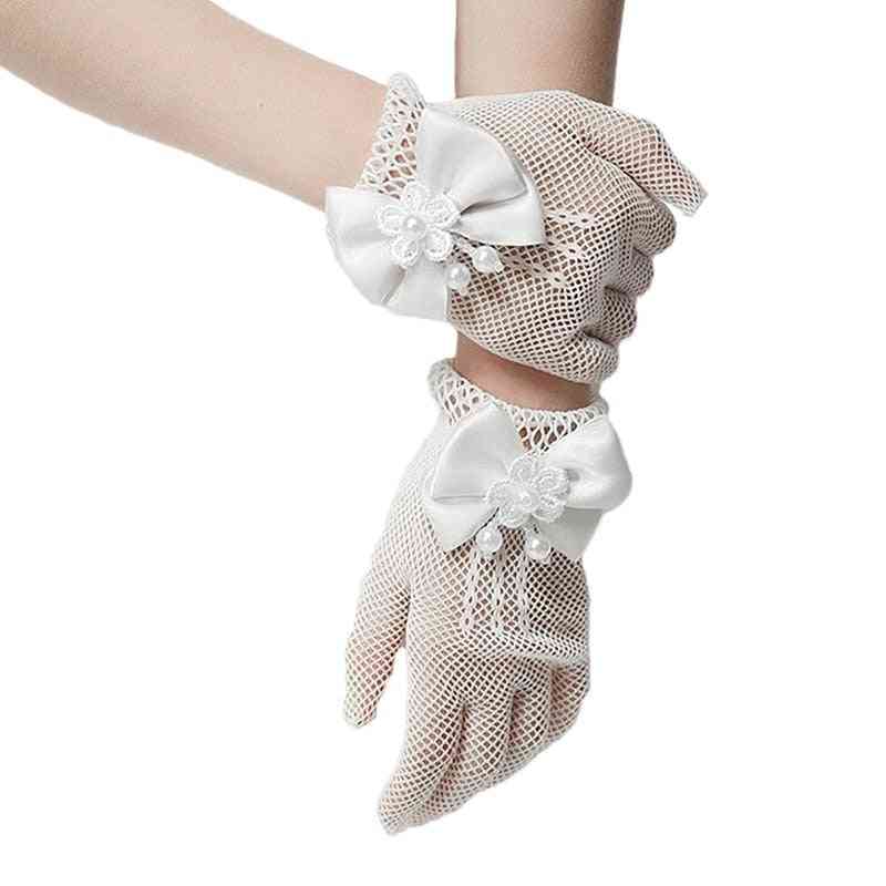Dievčenské rukavice - sieťovaná mašlička s perlou princeznej na párty
