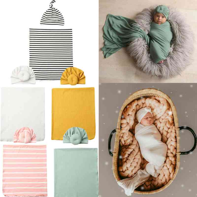 Newborn Baby Boy Blankets Cocoon Swaddle Sleeping Muslin Wrap Hat Set