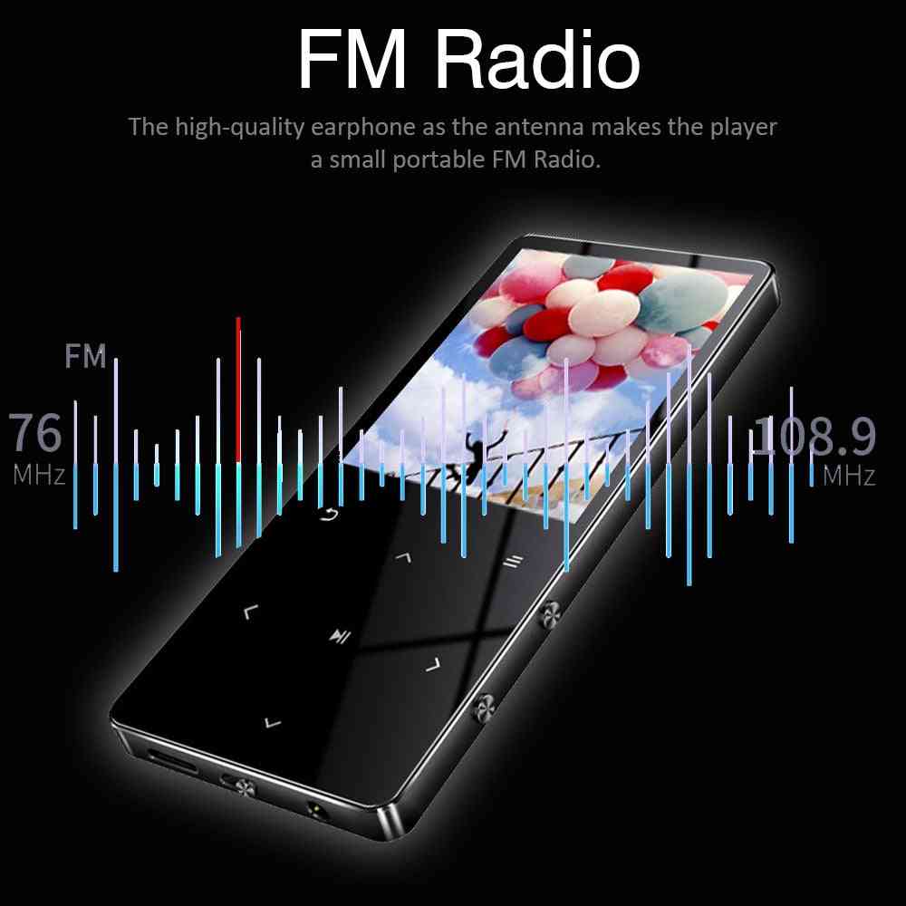 Lettore mp4 con bluetooth, altoparlante integrato, tasto touch, radio fm, riproduzione video e-book