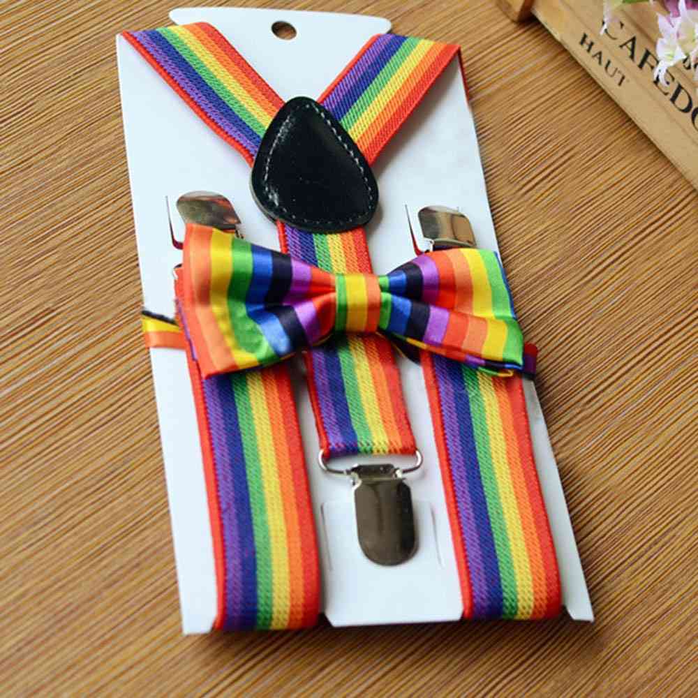 Mehrfarbige Regenbogen-Hosenträger für Mädchen / Jungen, Hosenträger und Regenbogen-Fliege - a