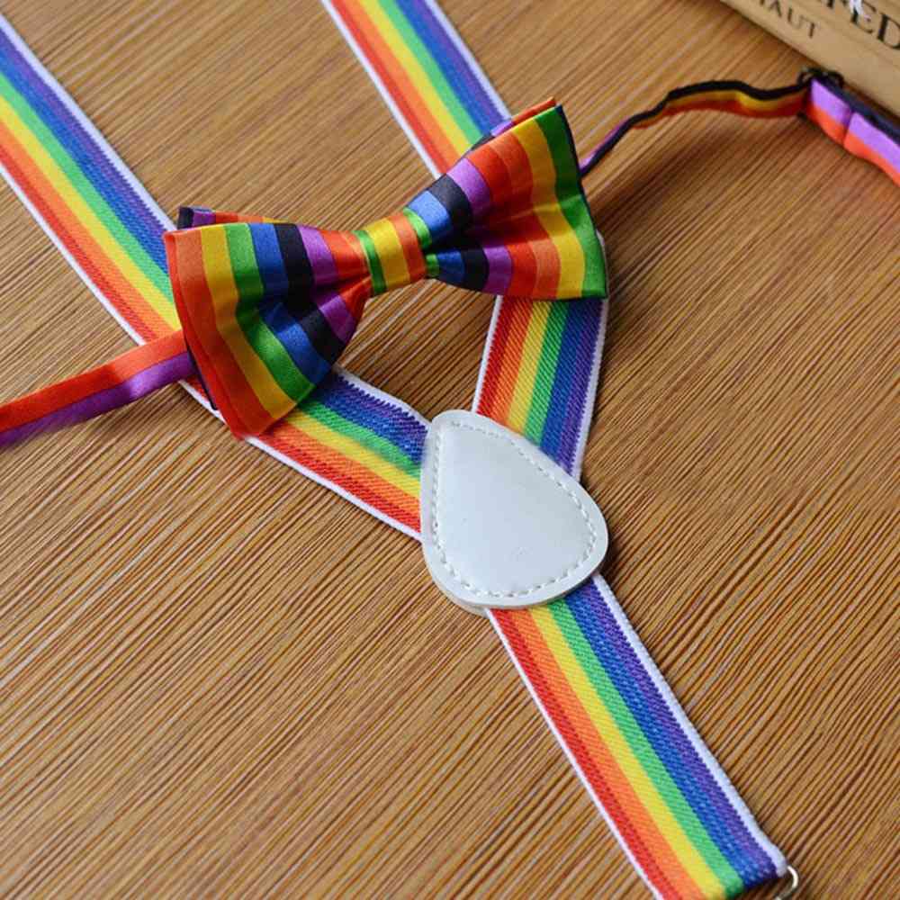 Mehrfarbige Regenbogen-Hosenträger für Mädchen / Jungen, Hosenträger und Regenbogen-Fliege - a