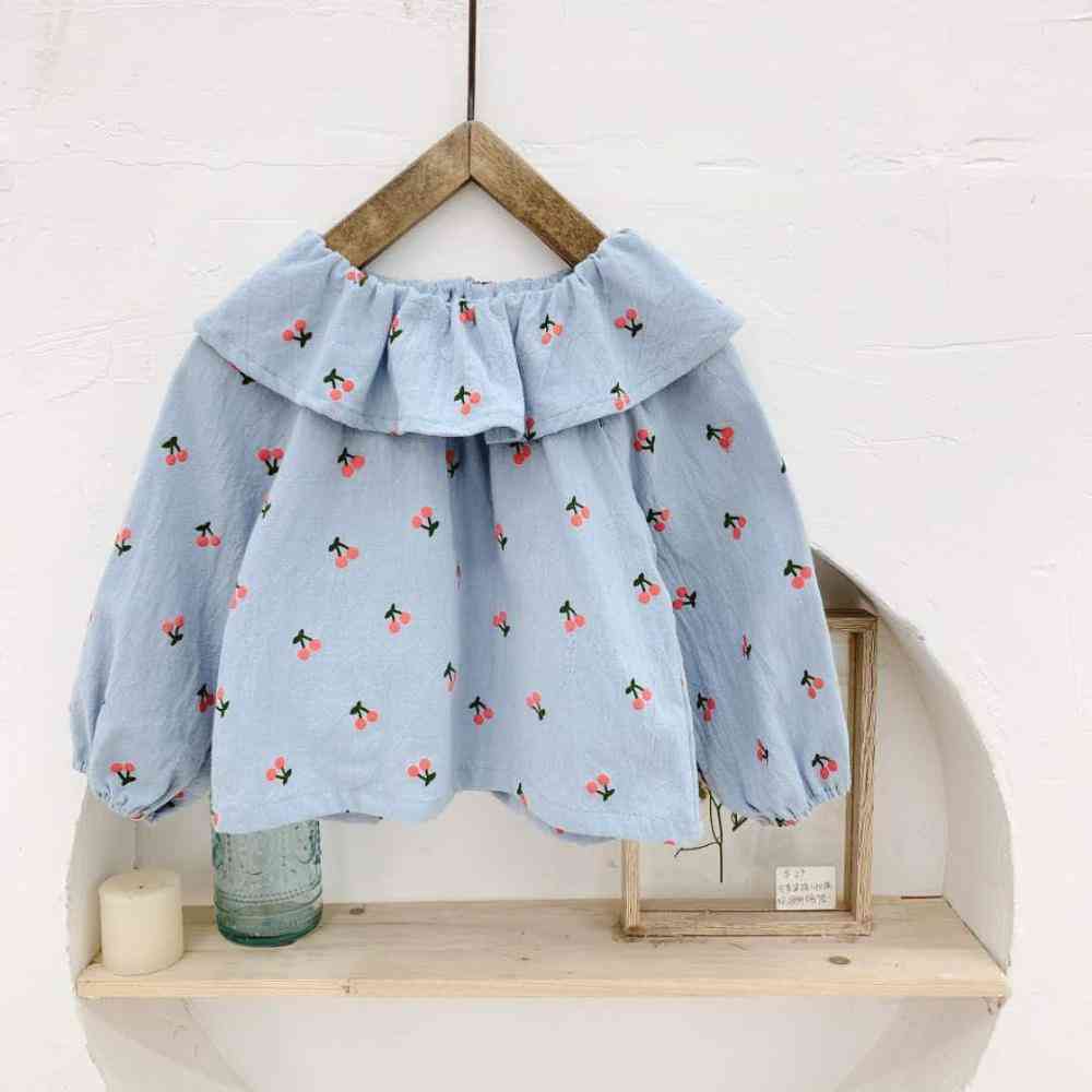 Herfst kinderkleding meisjeskleding - kersenprint groot reversoverhemd - blauw / 80cm