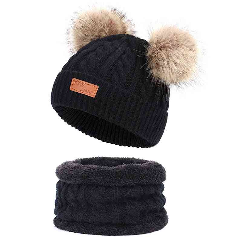 Boy & Girl Knit Wool Winter Hiarball Cap / Hat Scarf Set