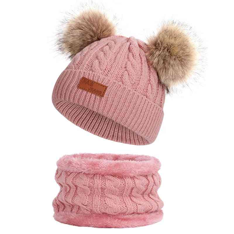 Süße 2pcs Kinder Jungen / Mädchen stricken Wolle Winter Hiarball Mütze Hut Schal Set - schwarz