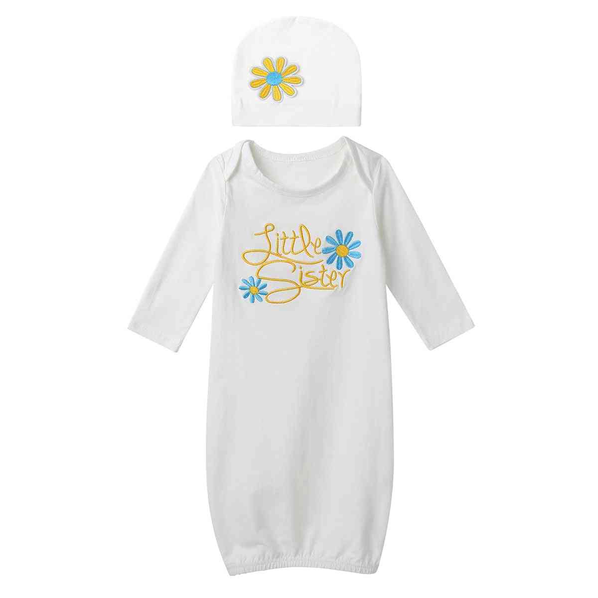 Soft Layette Long Sleeve Little Sister & Flower Embroidery Baby Gown With Hat
