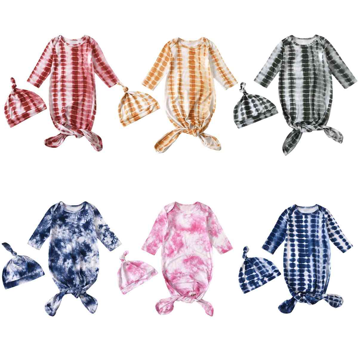 Long Sleeve, Tie And Die Pattern-printed Sleeping Wraps With Hats For Babies