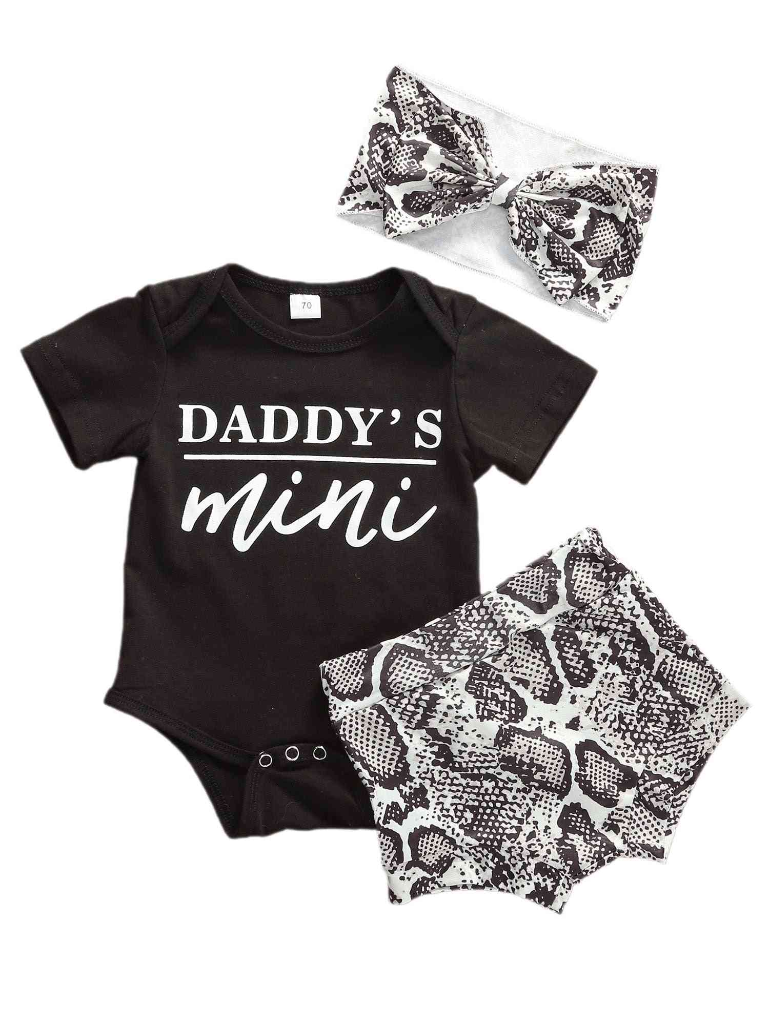 Daddy's Mini Printed- Shorts Sleeve Tops, Shorts And Headband For Babies