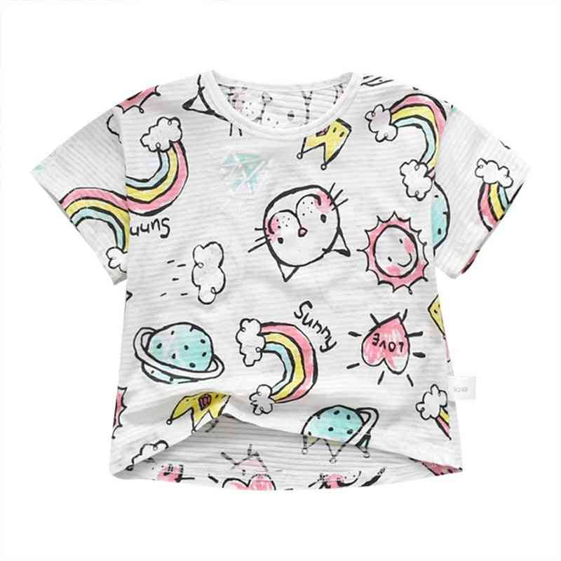 Børnetøj til babyer kortærmet t-shirt med rund hals tegneserie mønster børn åndbare piger drenge - hvid / 80