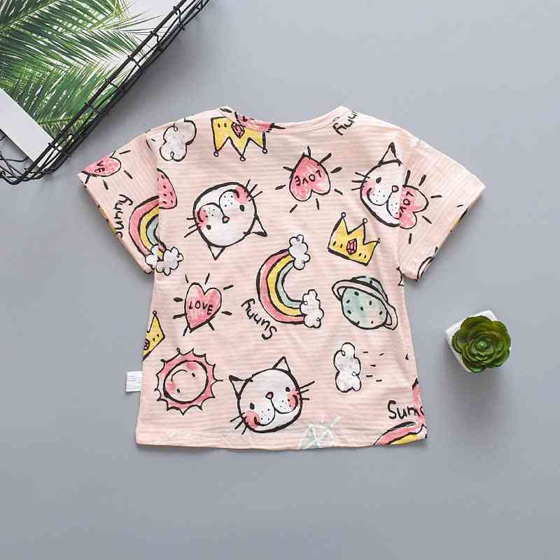 Børnetøj til babyer kortærmet t-shirt med rund hals tegneserie mønster børn åndbare piger drenge - hvid / 80