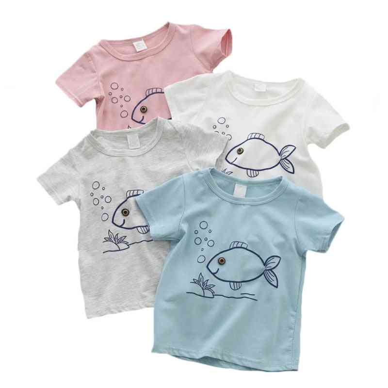 Camisetas de manga corta para bebés, ropa de algodón, pez de dibujos animados, top casual, cumpleaños de verano, azul cielo / 9 m
