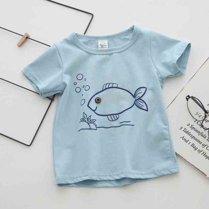 Kortærmet baby drenge t-shirts bomuldstøj tegneserie fisk afslappet top sommerfødselsdag - himmelblå / 9m