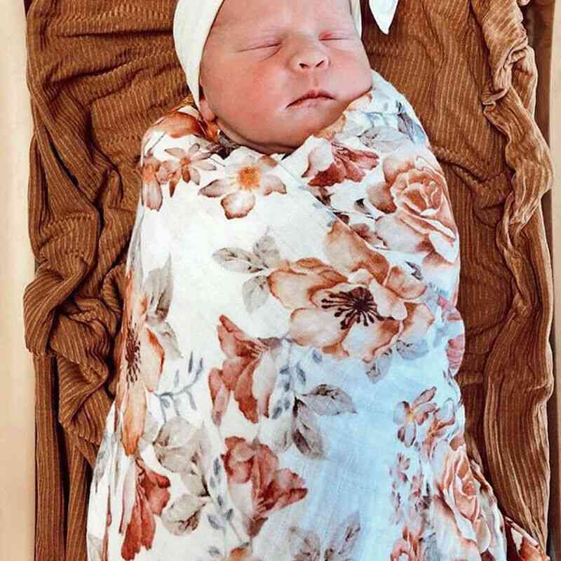 Floral Muslin Swaddle Wrap With Headband For Newborn