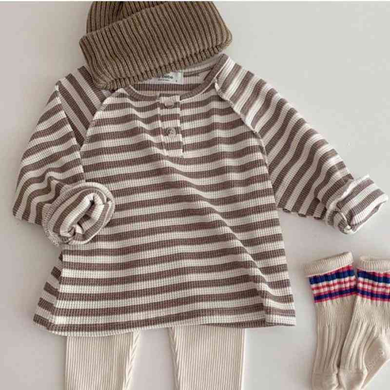 Striped Ribbed Cotton Long Sleeve T-shirt With Buttons - Casual Tops
