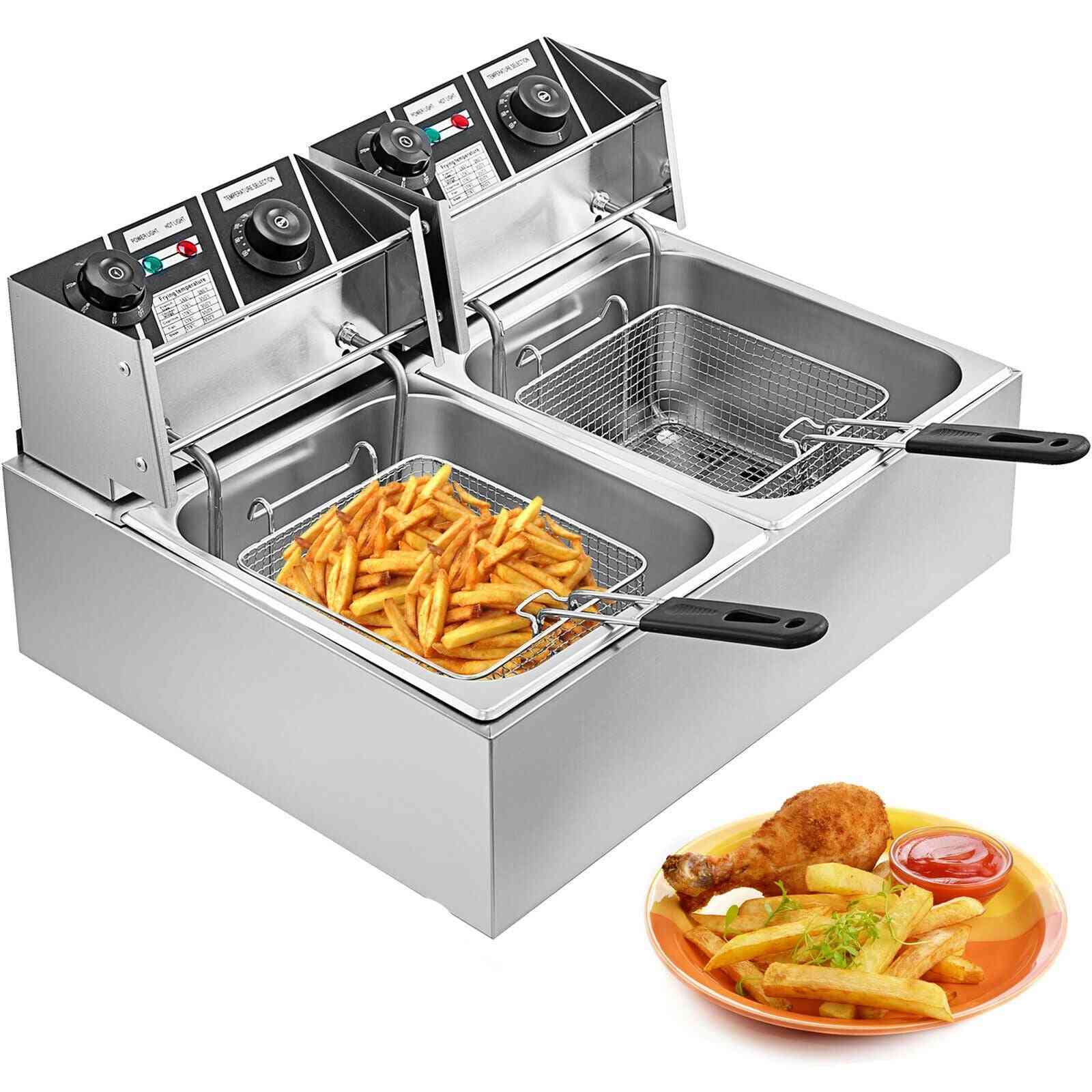 Electric Stainless Steel, Double Tank Fryer With Basket