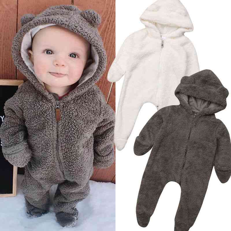 Newborn Baby Winter Long Sleeve Solid Color Soft Warm Fuzzy Hooded Romper Jumpsuit Outfits Clothes