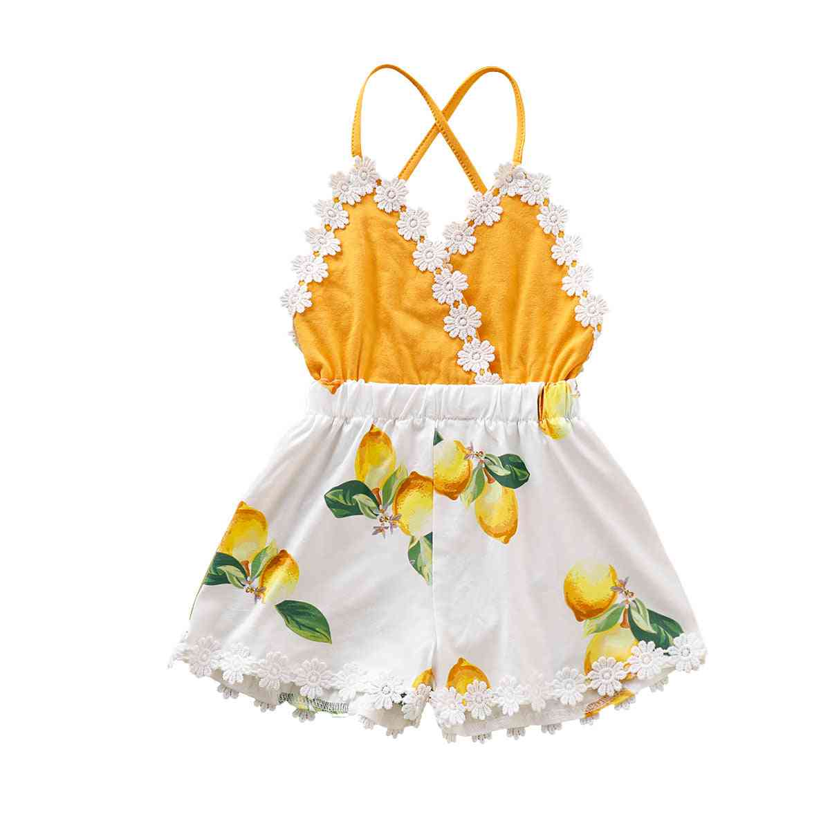 Baby flicka tofs rygglösa spets lapptäcke citron tryckt mode kläder soldräkt kläder - gul / 3m