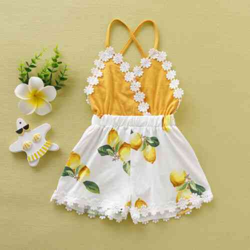 Franja de bebê menina sem encosto patchwork com estampa de limão roupas da moda sunsuit - amarelo / 3m