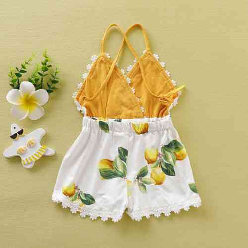 Bebé niña borla backless encaje patchwork limón impreso ropa de moda trajes de traje de sol