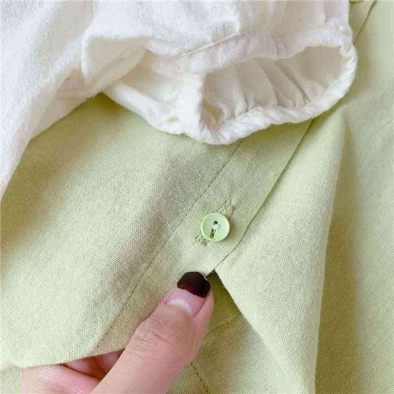 Roupa infantil verão meninas coreano linho algodão camisa de manga curta - bege / 80cm