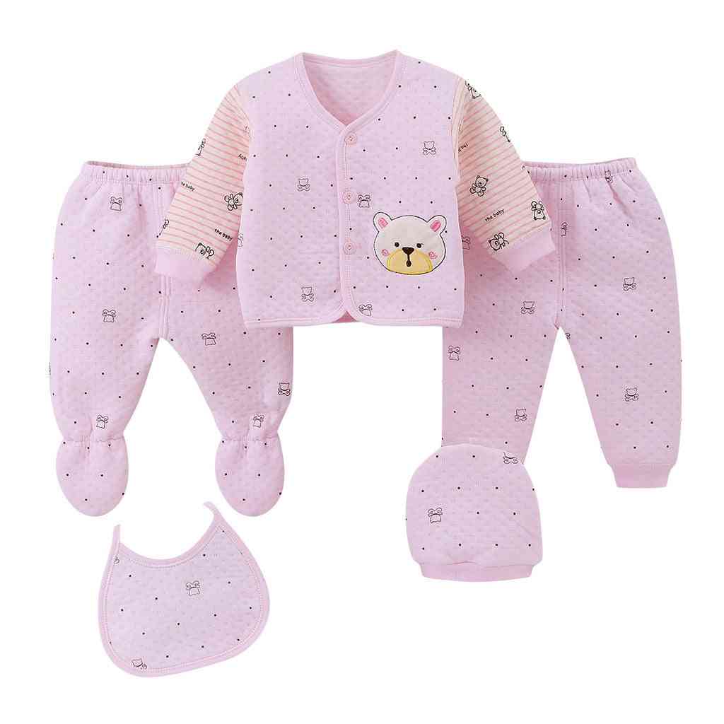 Conjunto de pijama 5pcs infantil recém-nascido cartoon - pijama para bebê menino / menina animal impresso tops de manga comprida, chapéu, calças babador roupas pijama - a / newborn