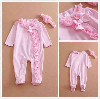 תינוקות שזה עתה נולדו בנות שרוול ארוך תלבושות בגדי בגד גוף פרח תלת מימד סט בגימור סרט מחובר - 0-3 חודשים