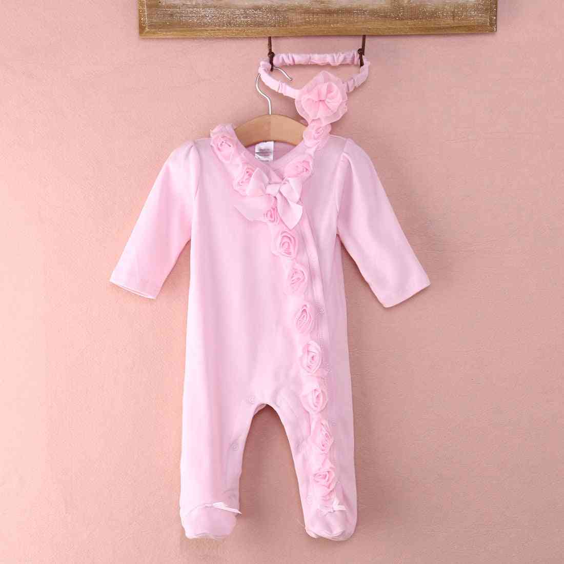 Mameluco de manga larga para niñas recién nacidas, mono de flores tridimensional, conjuntos de ropa, diadema adjunta - 0-3 meses