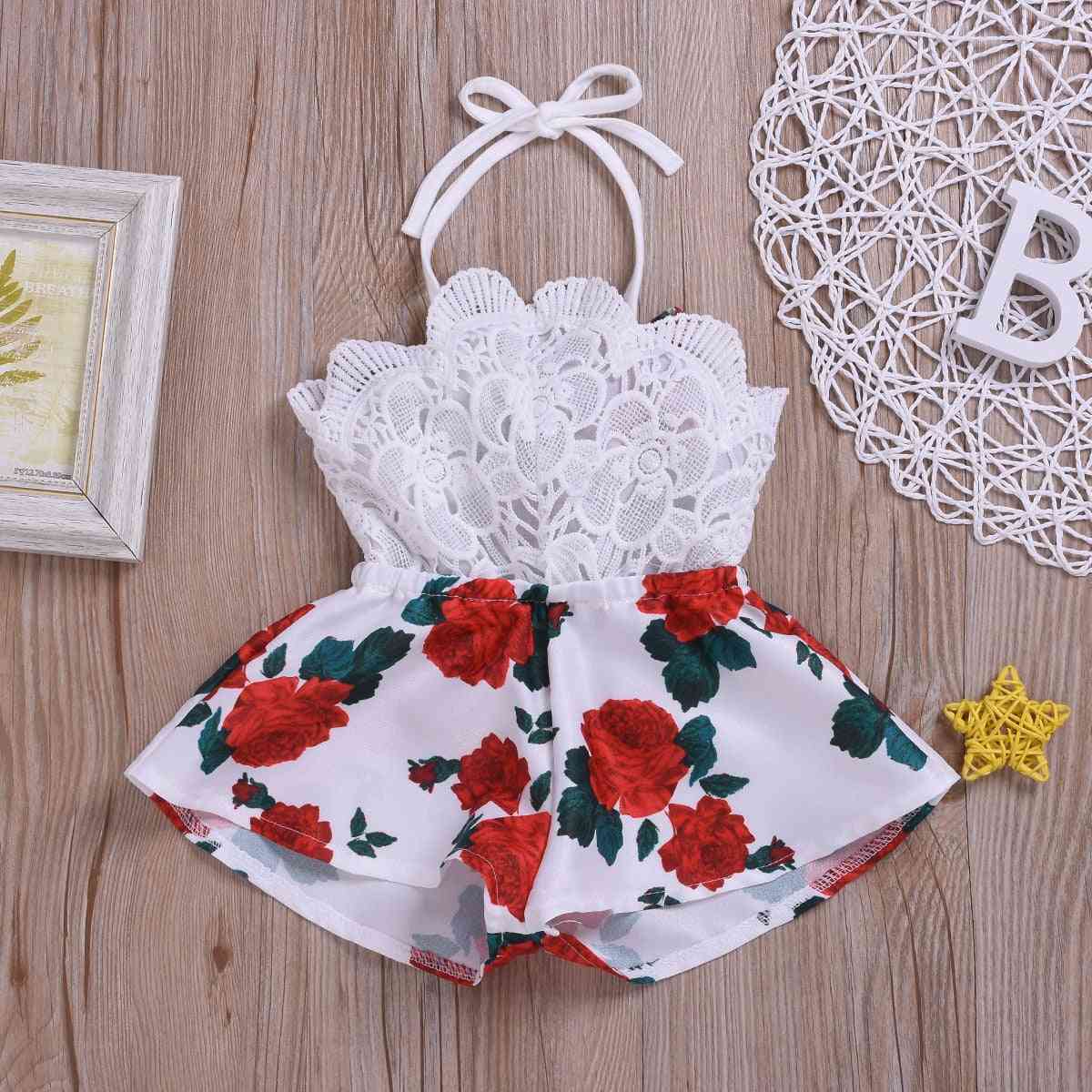 Summer Newborn Baby Girl Clothes Sleeveless Lace Flower Print Strap Romper Jumpsuit