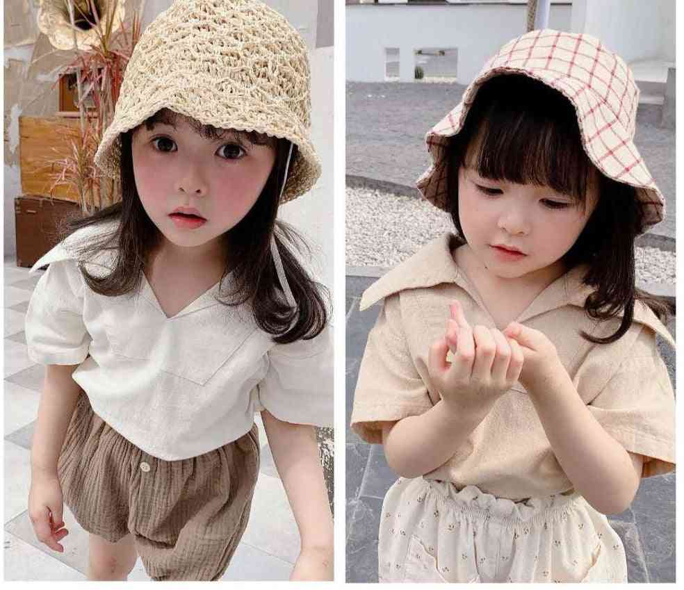 Barneklær sommerprodukter jenter koreansk bomull og lin stor lapel kortermet skjorte - beige / 80cm