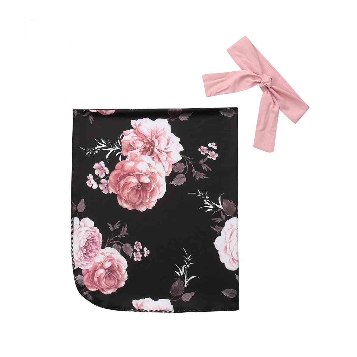Nouveau-né bébé filles coton imprimé floral couverture emmailloter mousseline wrap sac de couchage emmaillotage + couvre-chef (marine) -